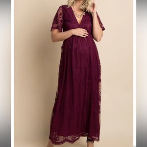 Burgundy Lace Mesh Overlay Maternity Maxi Dress
